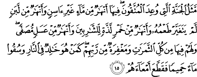 مَّثَلُ الْجَنَّةِ الَّتِي وُعِدَ الْمُتَّقُونَ ۖ فِيهَا أَنْهَارٌ مِّن مَّاءٍ غَيْرِ آسِنٍ وَأَنْهَارٌ مِّن لَّبَنٍ لَّمْ يَتَغَيَّرْ طَعْمُهُ وَأَنْهَارٌ مِّنْ خَمْرٍ لَّذَّةٍ لِّلشَّارِبِينَ وَأَنْهَارٌ مِّنْ عَسَلٍ مُّصَفًّى ۖ وَلَهُمْ فِيهَا مِن كُلِّ الثَّمَرَاتِ وَمَغْفِرَةٌ مِّن رَّبِّهِمْ ۖ كَمَنْ هُوَ خَالِدٌ فِي النَّارِ وَسُقُوا مَاءً حَمِيمًا فَقَطَّعَ أَمْعَاءَهُمْ