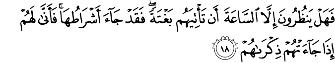 فَهَلْ يَنظُرُونَ إِلَّا السَّاعَةَ أَن تَأْتِيَهُم بَغْتَةً ۖ فَقَدْ جَاءَ أَشْرَاطُهَا ۚ فَأَنَّىٰ لَهُمْ إِذَا جَاءَتْهُمْ ذِكْرَاهُمْ