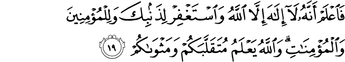 فَاعْلَمْ أَنَّهُ لَا إِلَـٰهَ إِلَّا اللَّهُ وَاسْتَغْفِرْ لِذَنبِكَ وَلِلْمُؤْمِنِينَ وَالْمُؤْمِنَاتِ ۗ وَاللَّهُ يَعْلَمُ مُتَقَلَّبَكُمْ وَمَثْوَاكُمْ