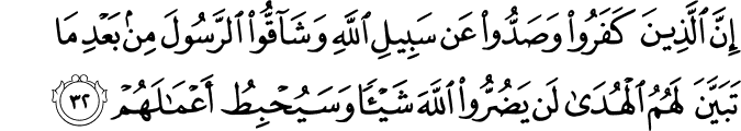 إِنَّ الَّذِينَ كَفَرُوا وَصَدُّوا عَن سَبِيلِ اللَّهِ وَشَاقُّوا الرَّسُولَ مِن بَعْدِ مَا تَبَيَّنَ لَهُمُ الْهُدَىٰ لَن يَضُرُّوا اللَّهَ شَيْئًا وَسَيُحْبِطُ أَعْمَالَهُمْ
