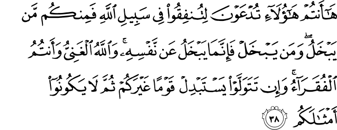 هَا أَنتُمْ هَـٰؤُلَاءِ تُدْعَوْنَ لِتُنفِقُوا فِي سَبِيلِ اللَّهِ فَمِنكُم مَّن يَبْخَلُ ۖ وَمَن يَبْخَلْ فَإِنَّمَا يَبْخَلُ عَن نَّفْسِهِ ۚ وَاللَّهُ الْغَنِيُّ وَأَنتُمُ الْفُقَرَاءُ ۚ وَإِن تَتَوَلَّوْا يَسْتَبْدِلْ قَوْمًا غَيْرَكُمْ ثُمَّ لَا يَكُونُوا أَمْثَالَكُم