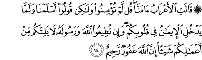 قَالَتِ الْأَعْرَابُ آمَنَّا ۖ قُل لَّمْ تُؤْمِنُوا وَلَـٰكِن قُولُوا أَسْلَمْنَا وَلَمَّا يَدْخُلِ الْإِيمَانُ فِي قُلُوبِكُمْ ۖ وَإِن تُطِيعُوا اللَّهَ وَرَسُولَهُ لَا يَلِتْكُم مِّنْ أَعْمَالِكُمْ شَيْئًا ۚ إِنَّ اللَّهَ غَفُورٌ رَّحِيمٌ