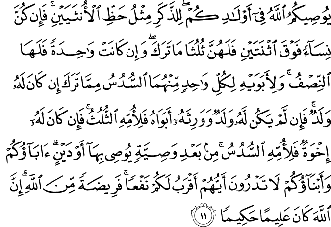 يُوصِيكُمُ اللَّهُ فِي أَوْلَادِكُمْ ۖ لِلذَّكَرِ مِثْلُ حَظِّ الْأُنثَيَيْنِ ۚ فَإِن كُنَّ نِسَاءً فَوْقَ اثْنَتَيْنِ فَلَهُنَّ ثُلُثَا مَا تَرَكَ ۖ وَإِن كَانَتْ وَاحِدَةً فَلَهَا النِّصْفُ ۚ وَلِأَبَوَيْهِ لِكُلِّ وَاحِدٍ مِّنْهُمَا السُّدُسُ مِمَّا تَرَكَ إِن كَانَ لَهُ وَلَدٌ ۚ فَإِن لَّمْ يَكُن لَّهُ وَلَدٌ وَوَرِثَهُ أَبَوَاهُ فَلِأُمِّهِ الثُّلُثُ ۚ فَإِن كَانَ لَهُ إِخْوَةٌ فَلِأُمِّهِ السُّدُسُ ۚ مِن بَعْدِ وَصِيَّةٍ يُوصِي بِهَا أَوْ دَيْنٍ ۗ آبَاؤُكُمْ وَأَبْنَاؤُكُمْ لَا تَدْرُونَ أَيُّهُمْ أَقْرَبُ لَكُمْ نَفْعًا ۚ فَرِيضَةً مِّنَ اللَّهِ ۗ إِنَّ اللَّهَ كَانَ عَلِيمًا حَكِيمًا