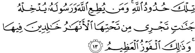 تِلْكَ حُدُودُ اللَّهِ ۚ وَمَن يُطِعِ اللَّهَ وَرَسُولَهُ يُدْخِلْهُ جَنَّاتٍ تَجْرِي مِن تَحْتِهَا الْأَنْهَارُ خَالِدِينَ فِيهَا ۚ وَذَٰلِكَ الْفَوْزُ الْعَظِيمُ