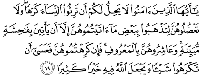 يَا أَيُّهَا الَّذِينَ آمَنُوا لَا يَحِلُّ لَكُمْ أَن تَرِثُوا النِّسَاءَ كَرْهًا ۖ وَلَا تَعْضُلُوهُنَّ لِتَذْهَبُوا بِبَعْضِ مَا آتَيْتُمُوهُنَّ إِلَّا أَن يَأْتِينَ بِفَاحِشَةٍ مُّبَيِّنَةٍ ۚ وَعَاشِرُوهُنَّ بِالْمَعْرُوفِ ۚ فَإِن كَرِهْتُمُوهُنَّ فَعَسَىٰ أَن تَكْرَهُوا شَيْئًا وَيَجْعَلَ اللَّهُ فِيهِ خَيْرًا كَثِيرًا
