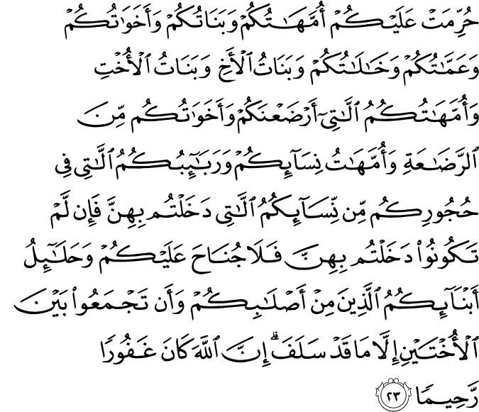 حُرِّمَتْ عَلَيْكُمْ أُمَّهَاتُكُمْ وَبَنَاتُكُمْ وَأَخَوَاتُكُمْ وَعَمَّاتُكُمْ وَخَالَاتُكُمْ وَبَنَاتُ الْأَخِ وَبَنَاتُ الْأُخْتِ وَأُمَّهَاتُكُمُ اللَّاتِي أَرْضَعْنَكُمْ وَأَخَوَاتُكُم مِّنَ الرَّضَاعَةِ وَأُمَّهَاتُ نِسَائِكُمْ وَرَبَائِبُكُمُ اللَّاتِي فِي حُجُورِكُم مِّن نِّسَائِكُمُ اللَّاتِي دَخَلْتُم بِهِنَّ فَإِن لَّمْ تَكُونُوا دَخَلْتُم بِهِنَّ فَلَا جُنَاحَ عَلَيْكُمْ وَحَلَائِلُ أَبْنَائِكُمُ الَّذِينَ مِنْ أَصْلَابِكُمْ وَأَن تَجْمَعُوا بَيْنَ الْأُخْتَيْنِ إِلَّا مَا قَدْ سَلَفَ ۗ إِنَّ اللَّهَ كَانَ غَفُورًا رَّحِيمًا