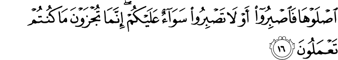اصْلَوْهَا فَاصْبِرُوا أَوْ لَا تَصْبِرُوا سَوَاءٌ عَلَيْكُمْ ۖ إِنَّمَا تُجْزَوْنَ مَا كُنتُمْ تَعْمَلُونَ