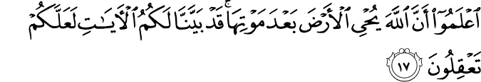 اعْلَمُوا أَنَّ اللَّهَ يُحْيِي الْأَرْضَ بَعْدَ مَوْتِهَا ۚ قَدْ بَيَّنَّا لَكُمُ الْآيَاتِ لَعَلَّكُمْ تَعْقِلُونَ