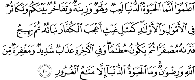 اعْلَمُوا أَنَّمَا الْحَيَاةُ الدُّنْيَا لَعِبٌ وَلَهْوٌ وَزِينَةٌ وَتَفَاخُرٌ بَيْنَكُمْ وَتَكَاثُرٌ فِي الْأَمْوَالِ وَالْأَوْلَادِ ۖ كَمَثَلِ غَيْثٍ أَعْجَبَ الْكُفَّارَ نَبَاتُهُ ثُمَّ يَهِيجُ فَتَرَاهُ مُصْفَرًّا ثُمَّ يَكُونُ حُطَامًا ۖ وَفِي الْآخِرَةِ عَذَابٌ شَدِيدٌ وَمَغْفِرَةٌ مِّنَ اللَّهِ وَرِضْوَانٌ ۚ وَمَا الْحَيَاةُ الدُّنْيَا إِلَّا مَتَاعُ الْغُرُورِ