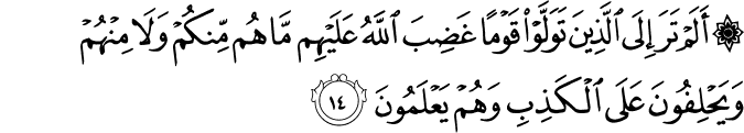 أَلَمْ تَرَ إِلَى الَّذِينَ تَوَلَّوْا قَوْمًا غَضِبَ اللَّهُ عَلَيْهِم مَّا هُم مِّنكُمْ وَلَا مِنْهُمْ وَيَحْلِفُونَ عَلَى الْكَذِبِ وَهُمْ يَعْلَمُونَ