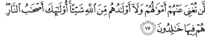 لَّن تُغْنِيَ عَنْهُمْ أَمْوَالُهُمْ وَلَا أَوْلَادُهُم مِّنَ اللَّهِ شَيْئًا ۚ أُولَـٰئِكَ أَصْحَابُ النَّارِ ۖ هُمْ فِيهَا خَالِدُونَ