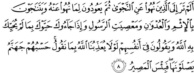 أَلَمْ تَرَ إِلَى الَّذِينَ نُهُوا عَنِ النَّجْوَىٰ ثُمَّ يَعُودُونَ لِمَا نُهُوا عَنْهُ وَيَتَنَاجَوْنَ بِالْإِثْمِ وَالْعُدْوَانِ وَمَعْصِيَتِ الرَّسُولِ وَإِذَا جَاءُوكَ حَيَّوْكَ بِمَا لَمْ يُحَيِّكَ بِهِ اللَّهُ وَيَقُولُونَ فِي أَنفُسِهِمْ لَوْلَا يُعَذِّبُنَا اللَّهُ بِمَا نَقُولُ ۚ حَسْبُهُمْ جَهَنَّمُ يَصْلَوْنَهَا ۖ فَبِئْسَ الْمَصِيرُ