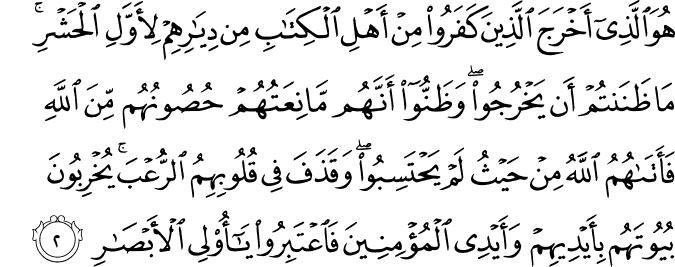 هُوَ الَّذِي أَخْرَجَ الَّذِينَ كَفَرُوا مِنْ أَهْلِ الْكِتَابِ مِن دِيَارِهِمْ لِأَوَّلِ الْحَشْرِ ۚ مَا ظَنَنتُمْ أَن يَخْرُجُوا ۖ وَظَنُّوا أَنَّهُم مَّانِعَتُهُمْ حُصُونُهُم مِّنَ اللَّهِ فَأَتَاهُمُ اللَّهُ مِنْ حَيْثُ لَمْ يَحْتَسِبُوا ۖ وَقَذَفَ فِي قُلُوبِهِمُ الرُّعْبَ ۚ يُخْرِبُونَ بُيُوتَهُم بِأَيْدِيهِمْ وَأَيْدِي الْمُؤْمِنِينَ فَاعْتَبِرُوا يَا أُولِي الْأَبْصَارِ