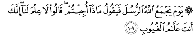 يَوْمَ يَجْمَعُ اللَّهُ الرُّسُلَ فَيَقُولُ مَاذَا أُجِبْتُمْ ۖ قَالُوا لَا عِلْمَ لَنَا ۖ إِنَّكَ أَنتَ عَلَّامُ الْغُيُوبِ