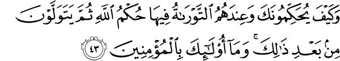 وَكَيْفَ يُحَكِّمُونَكَ وَعِندَهُمُ التَّوْرَاةُ فِيهَا حُكْمُ اللَّهِ ثُمَّ يَتَوَلَّوْنَ مِن بَعْدِ ذَٰلِكَ ۚ وَمَا أُولَـٰئِكَ بِالْمُؤْمِنِينَ