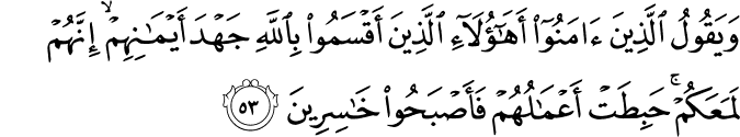 وَيَقُولُ الَّذِينَ آمَنُوا أَهَـٰؤُلَاءِ الَّذِينَ أَقْسَمُوا بِاللَّهِ جَهْدَ أَيْمَانِهِمْ ۙ إِنَّهُمْ لَمَعَكُمْ ۚ حَبِطَتْ أَعْمَالُهُمْ فَأَصْبَحُوا خَاسِرِينَ