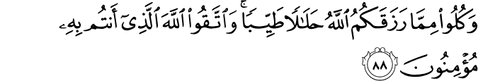 وَكُلُوا مِمَّا رَزَقَكُمُ اللَّهُ حَلَالًا طَيِّبًا ۚ وَاتَّقُوا اللَّهَ الَّذِي أَنتُم بِهِ مُؤْمِنُونَ