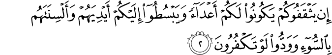 إِن يَثْقَفُوكُمْ يَكُونُوا لَكُمْ أَعْدَاءً وَيَبْسُطُوا إِلَيْكُمْ أَيْدِيَهُمْ وَأَلْسِنَتَهُم بِالسُّوءِ وَوَدُّوا لَوْ تَكْفُرُونَ
