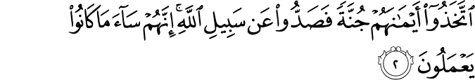 اتَّخَذُوا أَيْمَانَهُمْ جُنَّةً فَصَدُّوا عَن سَبِيلِ اللَّهِ ۚ إِنَّهُمْ سَاءَ مَا كَانُوا يَعْمَلُونَ