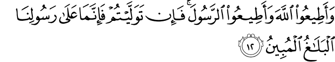 وَأَطِيعُوا اللَّهَ وَأَطِيعُوا الرَّسُولَ ۚ فَإِن تَوَلَّيْتُمْ فَإِنَّمَا عَلَىٰ رَسُولِنَا الْبَلَاغُ الْمُبِينُ