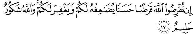 إِن تُقْرِضُوا اللَّهَ قَرْضًا حَسَنًا يُضَاعِفْهُ لَكُمْ وَيَغْفِرْ لَكُمْ ۚ وَاللَّهُ شَكُورٌ حَلِيمٌ