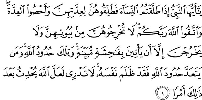  يَا أَيُّهَا النَّبِيُّ إِذَا طَلَّقْتُمُ النِّسَاءَ فَطَلِّقُوهُنَّ لِعِدَّتِهِنَّ وَأَحْصُوا الْعِدَّةَ ۖ وَاتَّقُوا اللَّهَ رَبَّكُمْ ۖ لَا تُخْرِجُوهُنَّ مِن بُيُوتِهِنَّ وَلَا يَخْرُجْنَ إِلَّا أَن يَأْتِينَ بِفَاحِشَةٍ مُّبَيِّنَةٍ ۚ وَتِلْكَ حُدُودُ اللَّهِ ۚ وَمَن يَتَعَدَّ حُدُودَ اللَّهِ فَقَدْ ظَلَمَ نَفْسَهُ ۚ لَا تَدْرِي لَعَلَّ اللَّهَ يُحْدِثُ بَعْدَ ذَٰلِكَ أَمْرًا