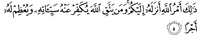 ذَٰلِكَ أَمْرُ اللَّهِ أَنزَلَهُ إِلَيْكُمْ ۚ وَمَن يَتَّقِ اللَّهَ يُكَفِّرْ عَنْهُ سَيِّئَاتِهِ وَيُعْظِمْ لَهُ أَجْرًا