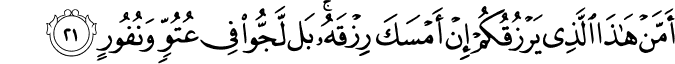 أَمَّنْ هَـٰذَا الَّذِي يَرْزُقُكُمْ إِنْ أَمْسَكَ رِزْقَهُ ۚ بَل لَّجُّوا فِي عُتُوٍّ وَنُفُورٍ