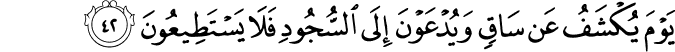 يَوْمَ يُكْشَفُ عَن سَاقٍ وَيُدْعَوْنَ إِلَى السُّجُودِ فَلَا يَسْتَطِيعُونَ
