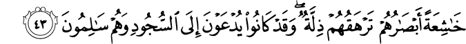 خَاشِعَةً أَبْصَارُهُمْ تَرْهَقُهُمْ ذِلَّةٌ ۖ وَقَدْ كَانُوا يُدْعَوْنَ إِلَى السُّجُودِ وَهُمْ سَالِمُونَ