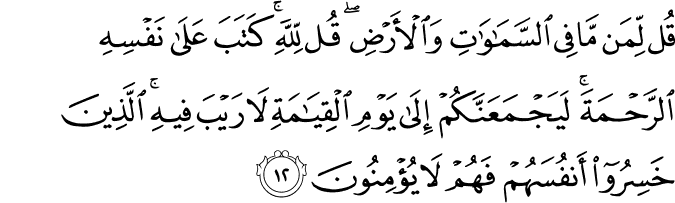 قُل لِّمَن مَّا فِي السَّمَاوَاتِ وَالْأَرْضِ ۖ قُل لِّلَّهِ ۚ كَتَبَ عَلَىٰ نَفْسِهِ الرَّحْمَةَ ۚ لَيَجْمَعَنَّكُمْ إِلَىٰ يَوْمِ الْقِيَامَةِ لَا رَيْبَ فِيهِ ۚ الَّذِينَ خَسِرُوا أَنفُسَهُمْ فَهُمْ لَا يُؤْمِنُونَ