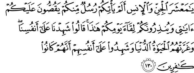 يَا مَعْشَرَ الْجِنِّ وَالْإِنسِ أَلَمْ يَأْتِكُمْ رُسُلٌ مِّنكُمْ يَقُصُّونَ عَلَيْكُمْ آيَاتِي وَيُنذِرُونَكُمْ لِقَاءَ يَوْمِكُمْ هَـٰذَا ۚ قَالُوا شَهِدْنَا عَلَىٰ أَنفُسِنَا ۖ وَغَرَّتْهُمُ الْحَيَاةُ الدُّنْيَا وَشَهِدُوا عَلَىٰ أَنفُسِهِمْ أَنَّهُمْ كَانُوا كَافِرِينَ
