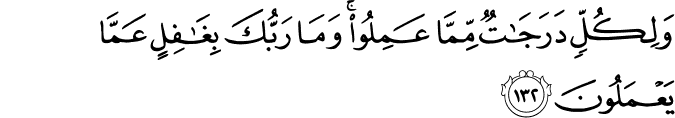 وَلِكُلٍّ دَرَجَاتٌ مِّمَّا عَمِلُوا ۚ وَمَا رَبُّكَ بِغَافِلٍ عَمَّا يَعْمَلُونَ
