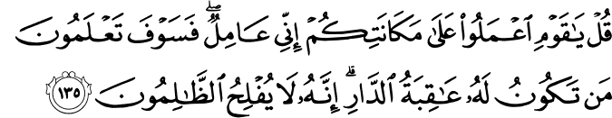 قُلْ يَا قَوْمِ اعْمَلُوا عَلَىٰ مَكَانَتِكُمْ إِنِّي عَامِلٌ ۖ فَسَوْفَ تَعْلَمُونَ مَن تَكُونُ لَهُ عَاقِبَةُ الدَّارِ ۗ إِنَّهُ لَا يُفْلِحُ الظَّالِمُونَ