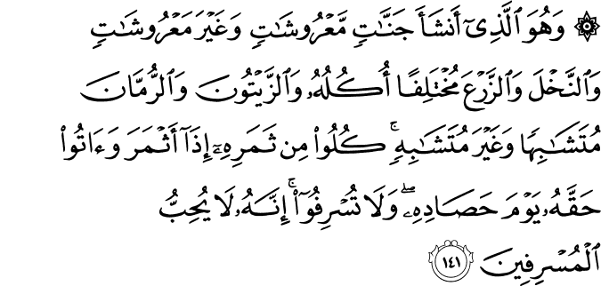 وَهُوَ الَّذِي أَنشَأَ جَنَّاتٍ مَّعْرُوشَاتٍ وَغَيْرَ مَعْرُوشَاتٍ وَالنَّخْلَ وَالزَّرْعَ مُخْتَلِفًا أُكُلُهُ وَالزَّيْتُونَ وَالرُّمَّانَ مُتَشَابِهًا وَغَيْرَ مُتَشَابِهٍ ۚ كُلُوا مِن ثَمَرِهِ إِذَا أَثْمَرَ وَآتُوا حَقَّهُ يَوْمَ حَصَادِهِ ۖ وَلَا تُسْرِفُوا ۚ إِنَّهُ لَا يُحِبُّ الْمُسْرِفِينَ