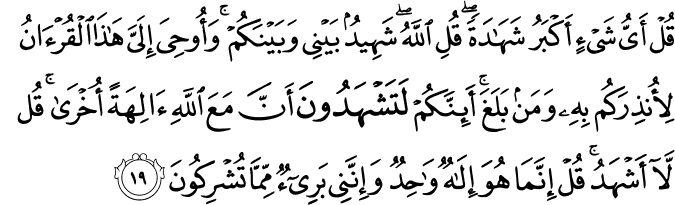 قُلْ أَيُّ شَيْءٍ أَكْبَرُ شَهَادَةً ۖ قُلِ اللَّهُ ۖ شَهِيدٌ بَيْنِي وَبَيْنَكُمْ ۚ وَأُوحِيَ إِلَيَّ هَـٰذَا الْقُرْآنُ لِأُنذِرَكُم بِهِ وَمَن بَلَغَ ۚ أَئِنَّكُمْ لَتَشْهَدُونَ أَنَّ مَعَ اللَّهِ آلِهَةً أُخْرَىٰ ۚ قُل لَّا أَشْهَدُ ۚ قُلْ إِنَّمَا هُوَ إِلَـٰهٌ وَاحِدٌ وَإِنَّنِي بَرِيءٌ مِّمَّا تُشْرِكُونَ