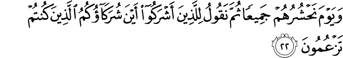وَيَوْمَ نَحْشُرُهُمْ جَمِيعًا ثُمَّ نَقُولُ لِلَّذِينَ أَشْرَكُوا أَيْنَ شُرَكَاؤُكُمُ الَّذِينَ كُنتُمْ تَزْعُمُونَ