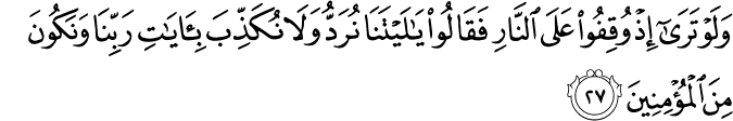 وَلَوْ تَرَىٰ إِذْ وُقِفُوا عَلَى النَّارِ فَقَالُوا يَا لَيْتَنَا نُرَدُّ وَلَا نُكَذِّبَ بِآيَاتِ رَبِّنَا وَنَكُونَ مِنَ الْمُؤْمِنِينَ