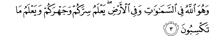 وَهُوَ اللَّهُ فِي السَّمَاوَاتِ وَفِي الْأَرْضِ ۖ يَعْلَمُ سِرَّكُمْ وَجَهْرَكُمْ وَيَعْلَمُ مَا تَكْسِبُونَ