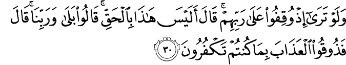 وَلَوْ تَرَىٰ إِذْ وُقِفُوا عَلَىٰ رَبِّهِمْ ۚ قَالَ أَلَيْسَ هَـٰذَا بِالْحَقِّ ۚ قَالُوا بَلَىٰ وَرَبِّنَا ۚ قَالَ فَذُوقُوا الْعَذَابَ بِمَا كُنتُمْ تَكْفُرُونَ