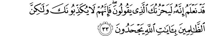 قَدْ نَعْلَمُ إِنَّهُ لَيَحْزُنُكَ الَّذِي يَقُولُونَ ۖ فَإِنَّهُمْ لَا يُكَذِّبُونَكَ وَلَـٰكِنَّ الظَّالِمِينَ بِآيَاتِ اللَّهِ يَجْحَدُونَ