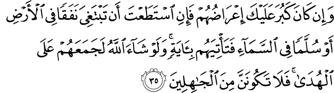 وَإِن كَانَ كَبُرَ عَلَيْكَ إِعْرَاضُهُمْ فَإِنِ اسْتَطَعْتَ أَن تَبْتَغِيَ نَفَقًا فِي الْأَرْضِ أَوْ سُلَّمًا فِي السَّمَاءِ فَتَأْتِيَهُم بِآيَةٍ ۚ وَلَوْ شَاءَ اللَّهُ لَجَمَعَهُمْ عَلَى الْهُدَىٰ ۚ فَلَا تَكُونَنَّ مِنَ الْجَاهِلِينَ