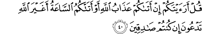 قُلْ أَرَأَيْتَكُمْ إِنْ أَتَاكُمْ عَذَابُ اللَّهِ أَوْ أَتَتْكُمُ السَّاعَةُ أَغَيْرَ اللَّهِ تَدْعُونَ إِن كُنتُمْ صَادِقِينَ