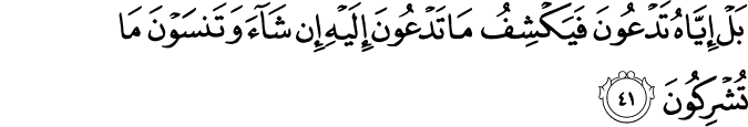 بَلْ إِيَّاهُ تَدْعُونَ فَيَكْشِفُ مَا تَدْعُونَ إِلَيْهِ إِن شَاءَ وَتَنسَوْنَ مَا تُشْرِكُونَ