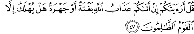 قُلْ أَرَأَيْتَكُمْ إِنْ أَتَاكُمْ عَذَابُ اللَّهِ بَغْتَةً أَوْ جَهْرَةً هَلْ يُهْلَكُ إِلَّا الْقَوْمُ الظَّالِمُونَ