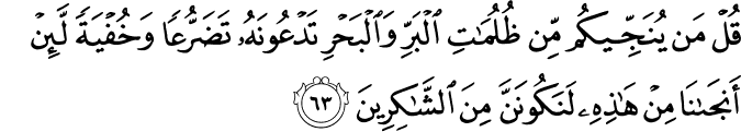 قُلْ مَن يُنَجِّيكُم مِّن ظُلُمَاتِ الْبَرِّ وَالْبَحْرِ تَدْعُونَهُ تَضَرُّعًا وَخُفْيَةً لَّئِنْ أَنجَانَا مِنْ هَـٰذِهِ لَنَكُونَنَّ مِنَ الشَّاكِرِينَ