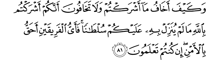 وَكَيْفَ أَخَافُ مَا أَشْرَكْتُمْ وَلَا تَخَافُونَ أَنَّكُمْ أَشْرَكْتُم بِاللَّهِ مَا لَمْ يُنَزِّلْ بِهِ عَلَيْكُمْ سُلْطَانًا ۚ فَأَيُّ الْفَرِيقَيْنِ أَحَقُّ بِالْأَمْنِ ۖ إِن كُنتُمْ تَعْلَمُونَ