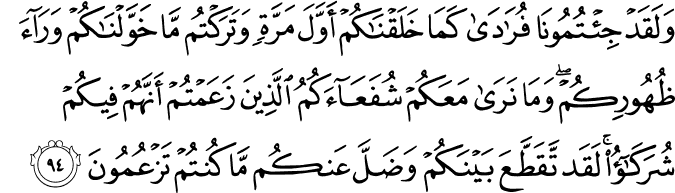 وَلَقَدْ جِئْتُمُونَا فُرَادَىٰ كَمَا خَلَقْنَاكُمْ أَوَّلَ مَرَّةٍ وَتَرَكْتُم مَّا خَوَّلْنَاكُمْ وَرَاءَ ظُهُورِكُمْ ۖ وَمَا نَرَىٰ مَعَكُمْ شُفَعَاءَكُمُ الَّذِينَ زَعَمْتُمْ أَنَّهُمْ فِيكُمْ شُرَكَاءُ ۚ لَقَد تَّقَطَّعَ بَيْنَكُمْ وَضَلَّ عَنكُم مَّا كُنتُمْ تَزْعُمُونَ