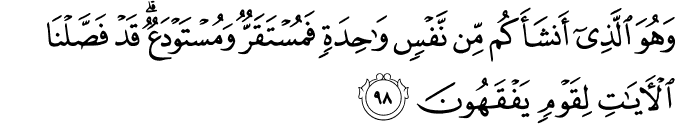وَهُوَ الَّذِي أَنشَأَكُم مِّن نَّفْسٍ وَاحِدَةٍ فَمُسْتَقَرٌّ وَمُسْتَوْدَعٌ ۗ قَدْ فَصَّلْنَا الْآيَاتِ لِقَوْمٍ يَفْقَهُونَ