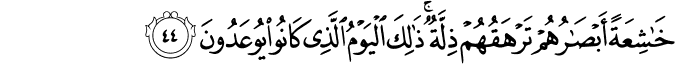 خَاشِعَةً أَبْصَارُهُمْ تَرْهَقُهُمْ ذِلَّةٌ ۚ ذَٰلِكَ الْيَوْمُ الَّذِي كَانُوا يُوعَدُونَ